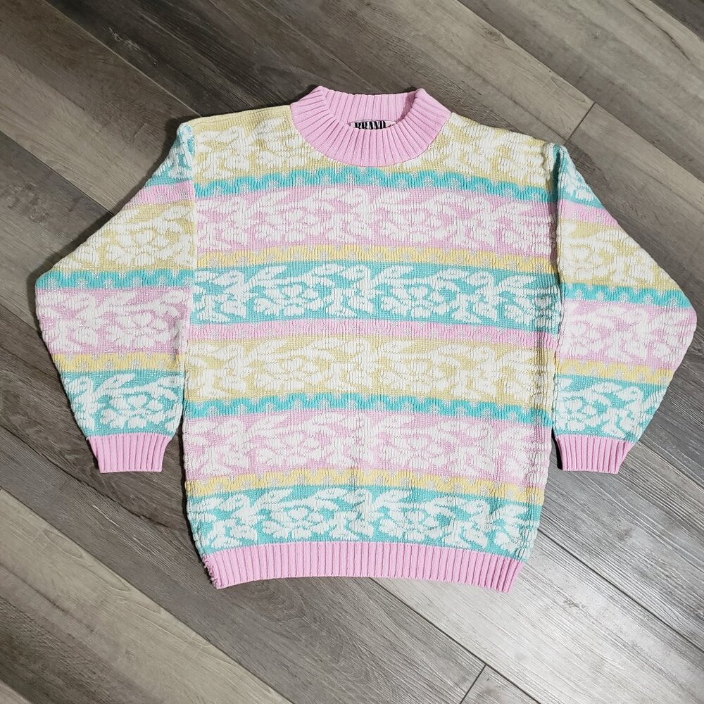 Vintage 90s Pastel Striped Mock Neck Sweater Large Made in USA Knit Cozy
